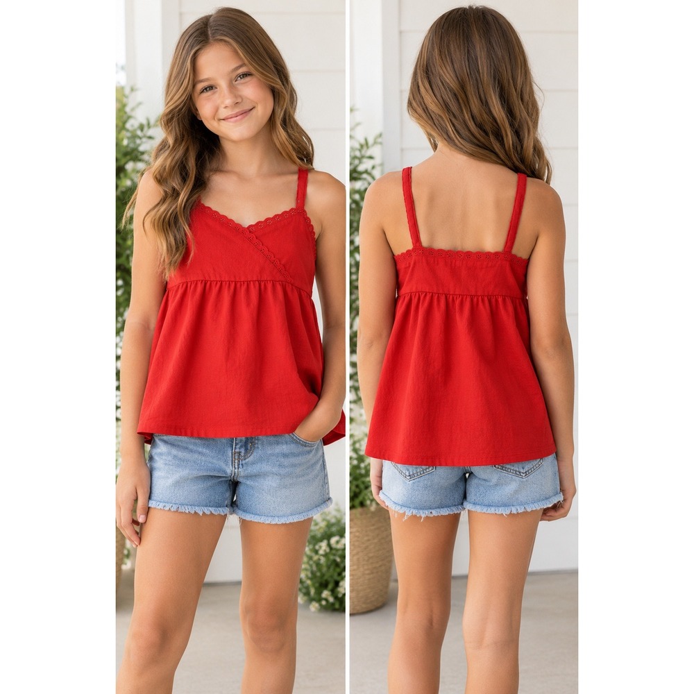 Art Class Girls Red Eyelet Lace Trim Cami Babydoll Top Size L 10/12